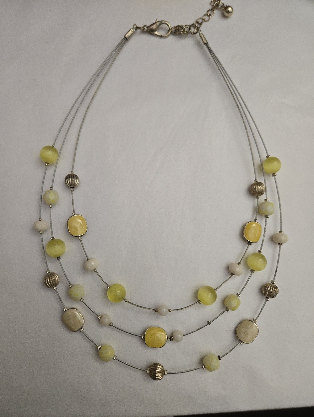 Vintage Style Silver Tone Yellow Ivory Enamel Beaded 3 Strand Bib Necklace - Picture 5 of 6